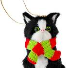 Ornativity Christmas Mini Cat Ornament - Furry Black Kitten with Scarf Holiday Tree Hanging Decoration