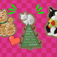 gingerbread cat ornament, cat tree ornament, cat with scarf ornament