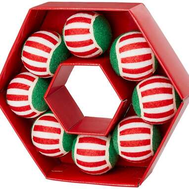 A wreath just for him: Frisco Holiday Wreath Tennis Ball Squeaky Dog Toy, 8 count