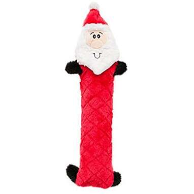 This Santa is pretty entertaining: ZippyPaws - Jigglerz Holiday Tough No Stuffing Squeaky Plush Dog Toy with Crinkle Head and Tail
