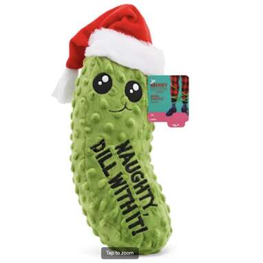 A sour squeaky: Merry Makings Briny & Bright "Naughty" Holiday Pickle Plush Dog Toy