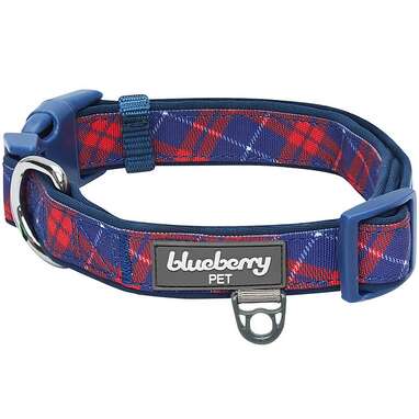 BLUEBERRY PET Soft & Comfy Padded Polyester Dog Collar, Navy Blue & Red Plaid