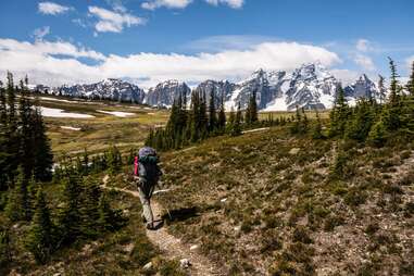 a person hiking through a sparse forest toward mountains