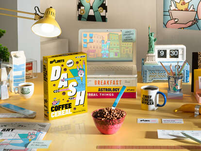 cereal box on desk