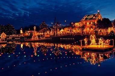 an enormous house ornately decorated for Christmas