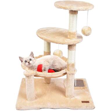 petellow Cat Tree 29''/30''with Scratching Posts&Perch Hammock - Small Cat Activity Tree with Scratching Post of Woven Sisal - Beige/Grey