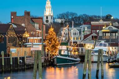 the harbor of a small town at night