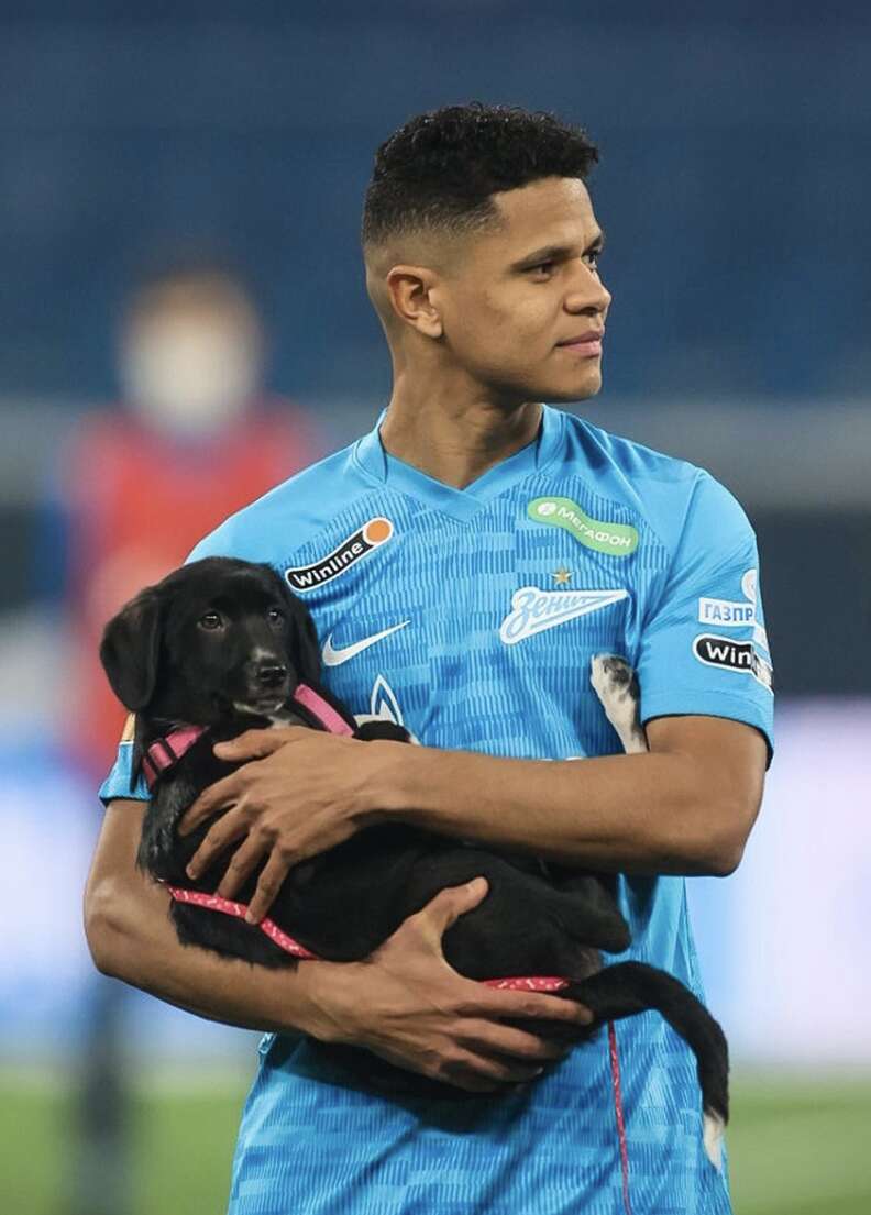 soccer players carry puppies
