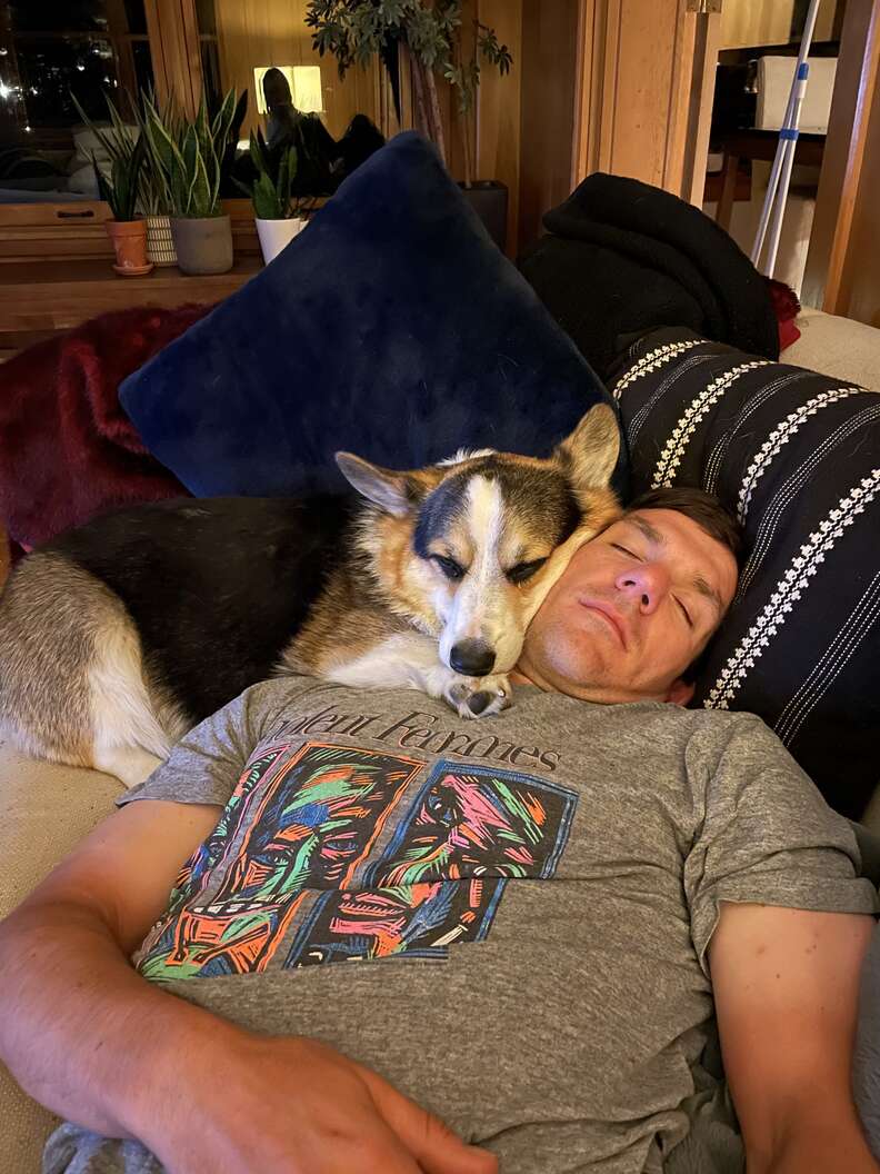 dog cuddling dad