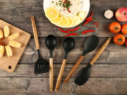 This five piece black OXO kitchen utensil set has everything you need,  including a pasta spoon, two