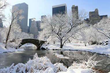 central park lake and bridge covered in snow against wintry new york city
