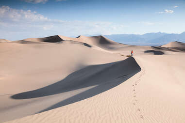 a person standing on expansive sand dunes