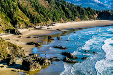 Aerial view of the scenic Pacific Northwest coast, with ocean, sea stacks, sandy beach and forested mountains