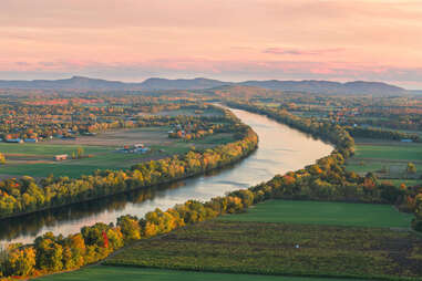 Sugarloaf Mountain overlooking Connecticut River in the fall at sunset