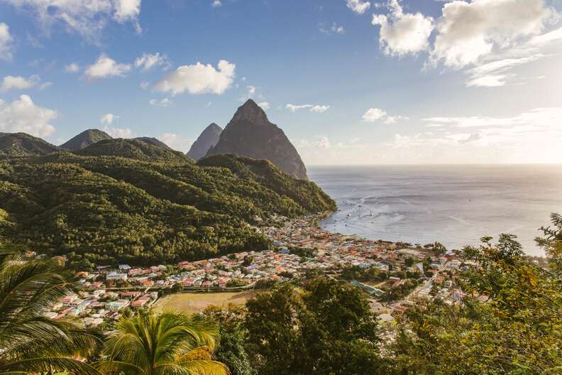 mountains and a village by the sea