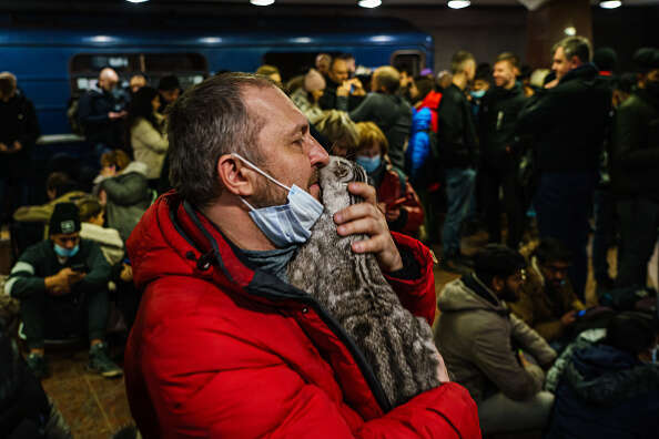 Caman Denysenko tries to calm his spooked cat as he seeks shelter