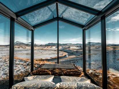 glass cabin northern lights iceland