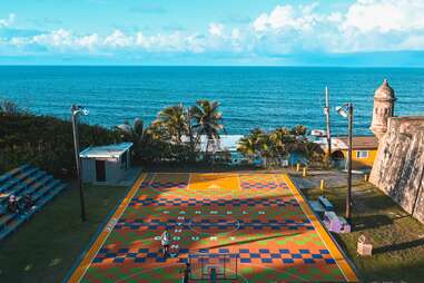 a patterned sports court by the sea in san juan