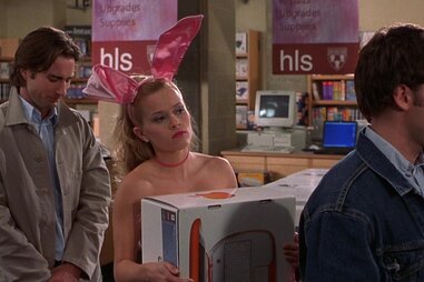 elle woods buying macbook, reese witherspoon in legally blonde, elle woods bunny costume