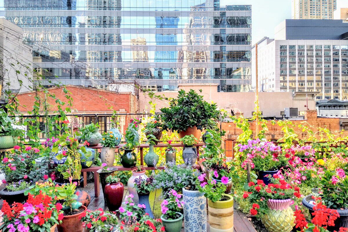 Chicago loft with flower-filled rooftop deck