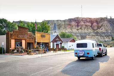Small Badlands town of Medora, the gateway to the South Unit of Theodore Roosevelt National Park in North Dakota.