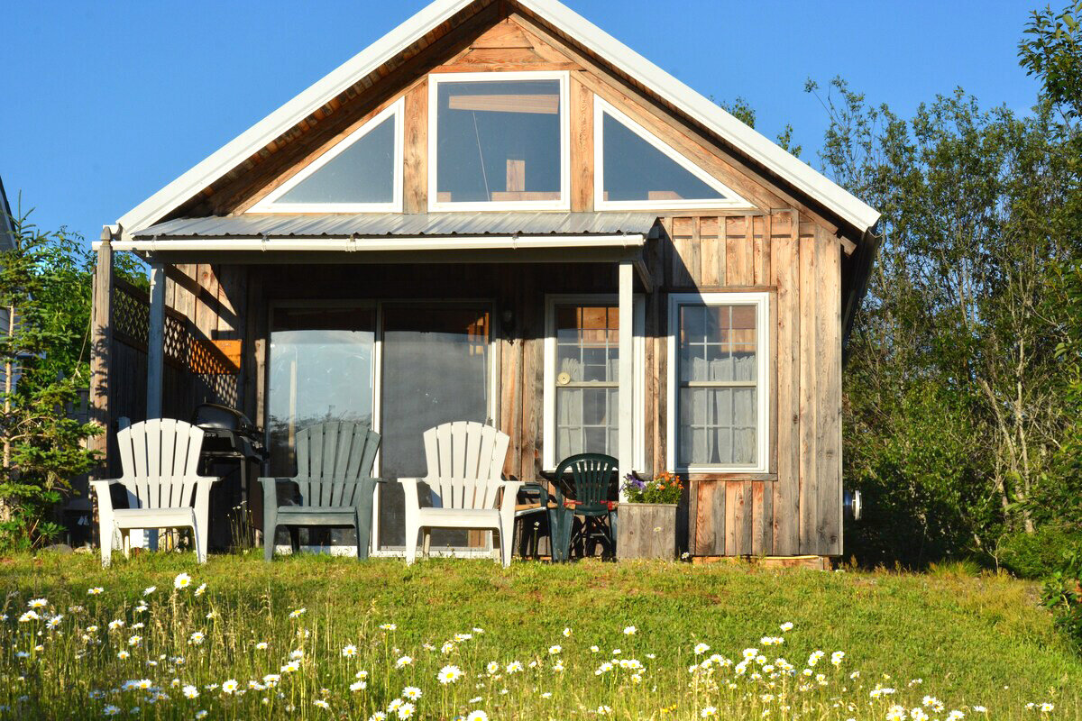 Sunny cabin surrounded by apple trees