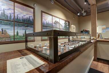 inside a rustic alaskan weed dispensary