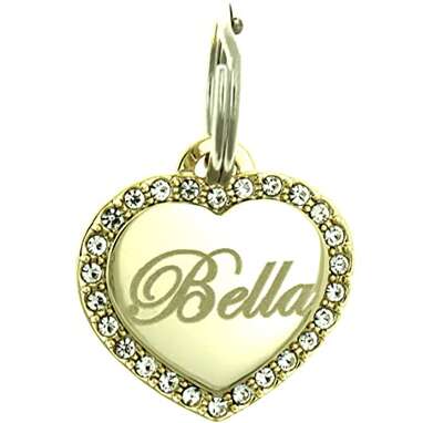 Yippo Accessories Custom Engraved Personalized Gold-Plated Medium Heart Rhinestones Pet Jewelry