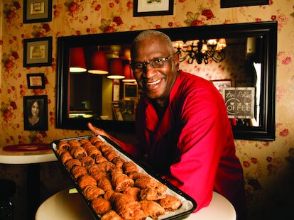 Lee Lee’s Baked Goods founder Mr. Lee with tray of rugelach