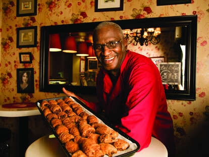 Lee Lee's Baked Goods founder Mr. Lee with tray of rugelach