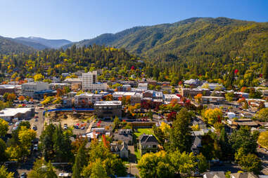 birds eye view of a mountain town