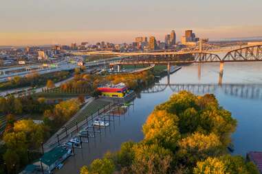 birds eye view of a city and river