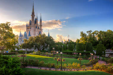 Disney's Cinderella Castle and a garden leading to it