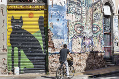 Mural of cat with man bicycling by in Buenos Aires 