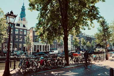 Bikes lined up on the street in Amsterdam