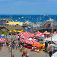 Aerial view of Rockland Harbor during Rockland Lobster Festival in summer,