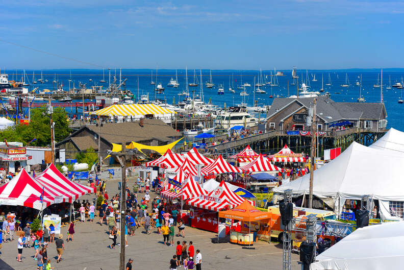 Aerial view of Rockland Harbor during Rockland Lobster Festival in summer,