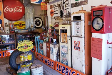 Vintage gas pumps at Pete’s Gas Station Museum
