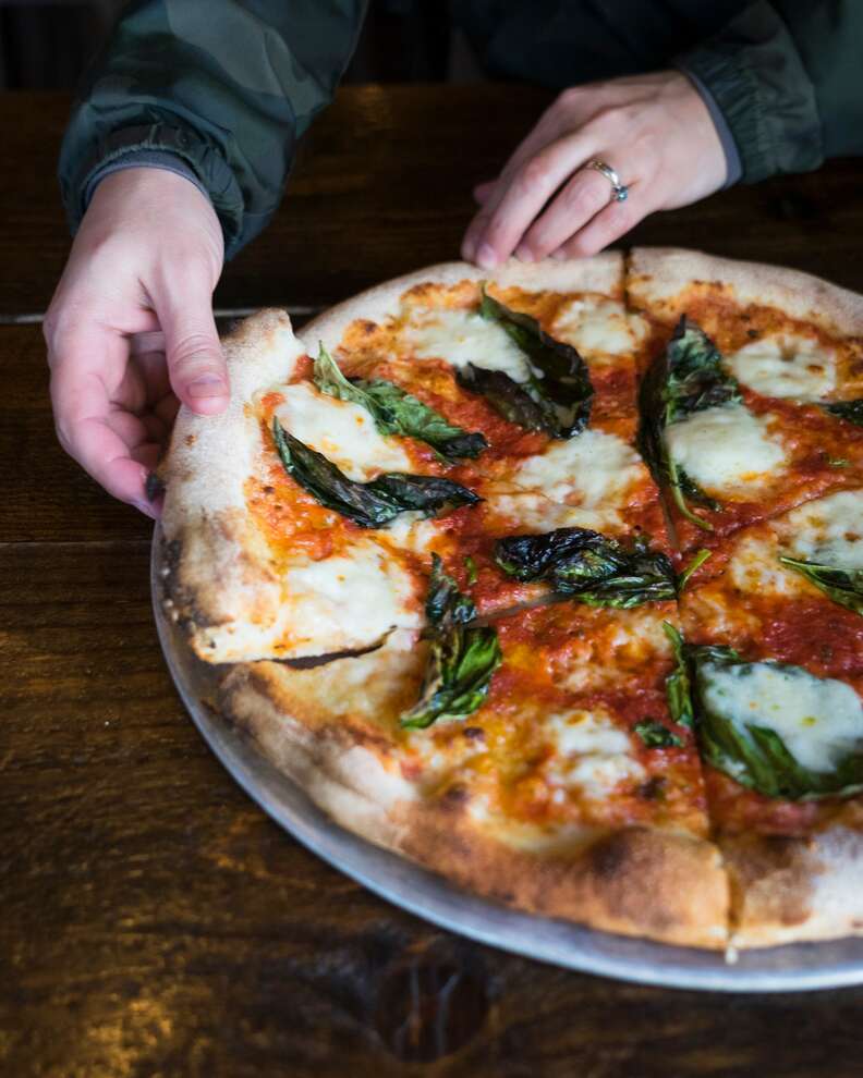 Hot pizza with spinach