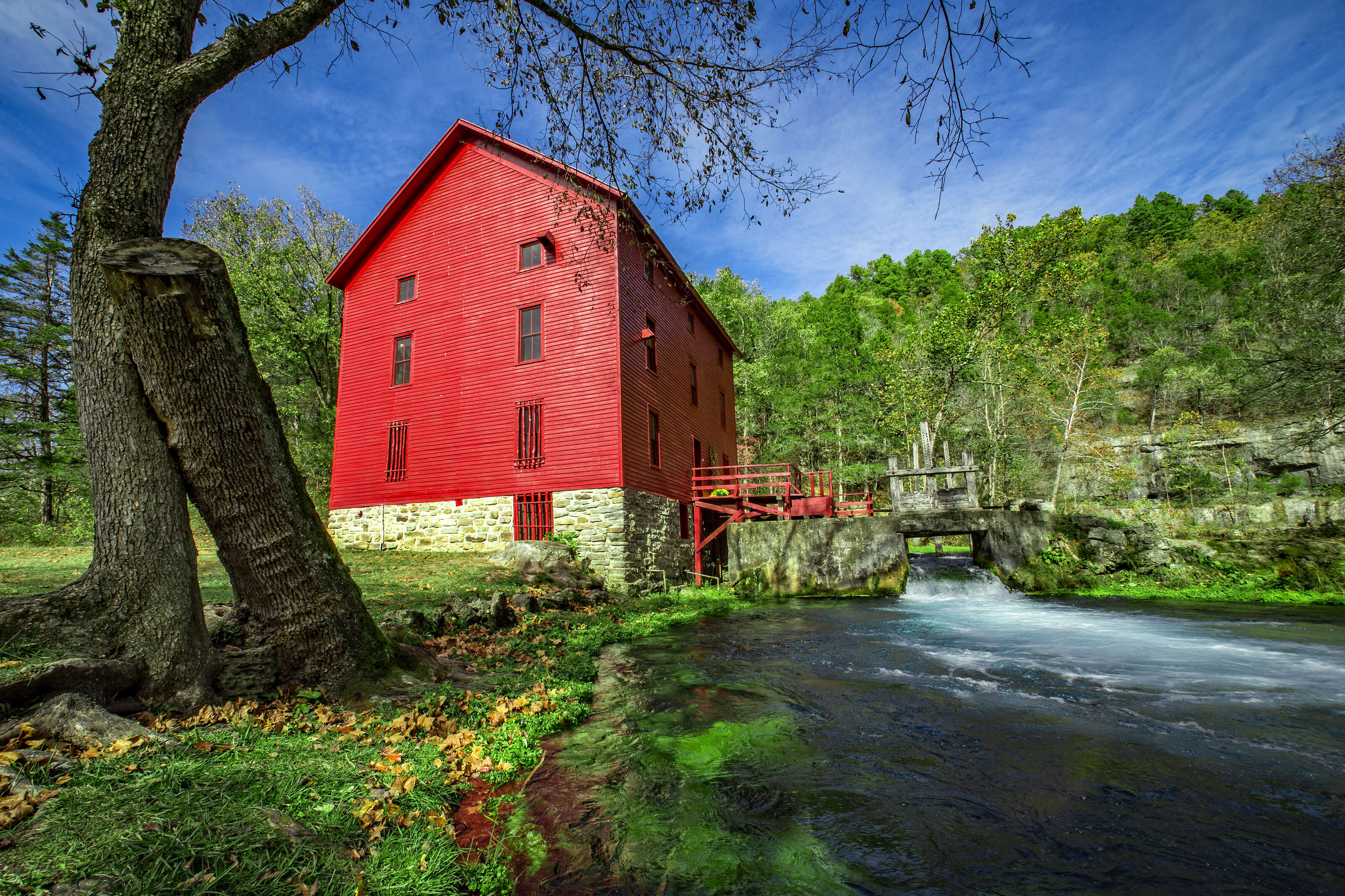 an old mill near a river in a forest