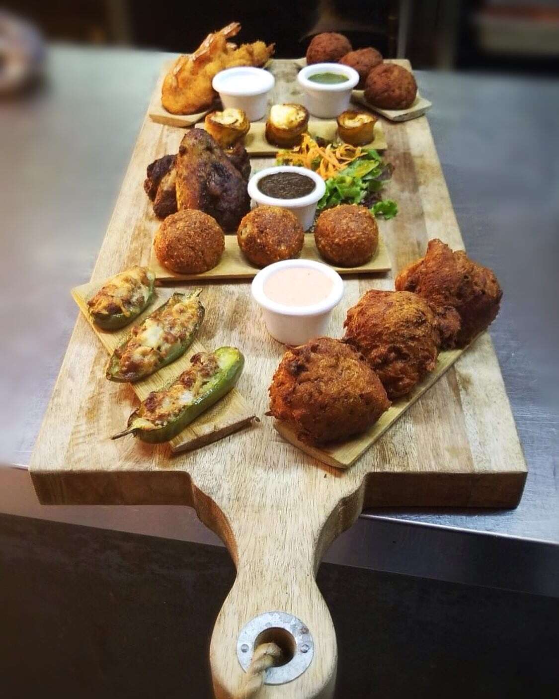Food laid out on a wooden board