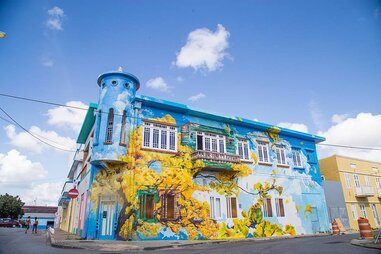 Giant mural of a tree on a large building