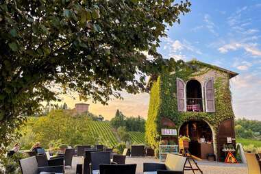 Ivy-covered restaurant and patio