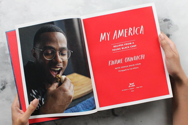 Photo of inside of the My America cookbook by Kwame Onwuachi showing his portrait