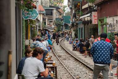 People lining Hanoi train street