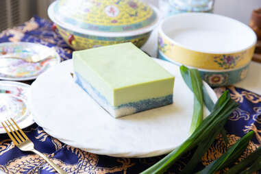 Serimuka gula melaka or steamed pandan custard cake