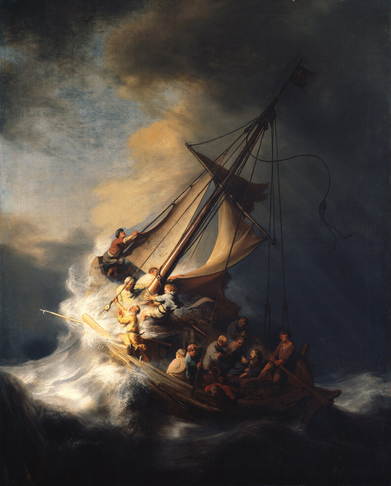 a dark, emotive painting of men on a boat amidst a storm