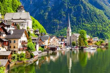 medieval lakeside town in the morning