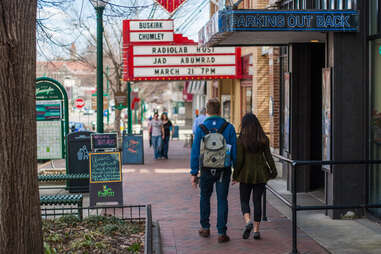 couple walking down the streets of bloomington, indiana