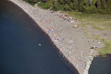 View of people on beach between forest and water